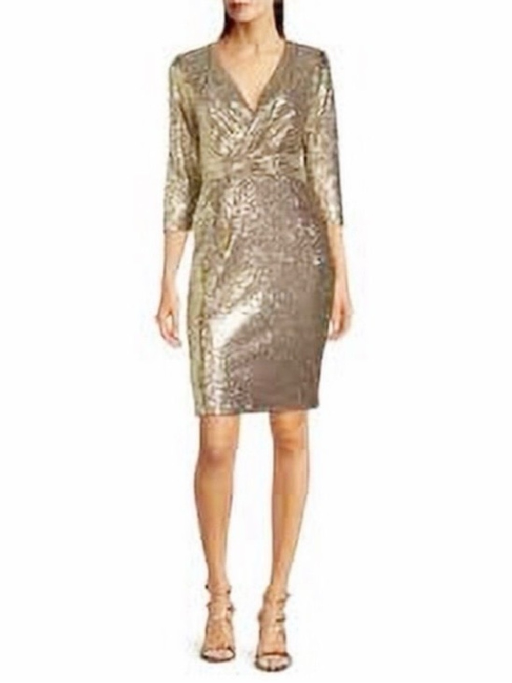 Calvin Klein Gold V-Neck Faux Wrap Sequin Mesh Dress 3/4 Sleeve Sheath Sz 14 NWT
